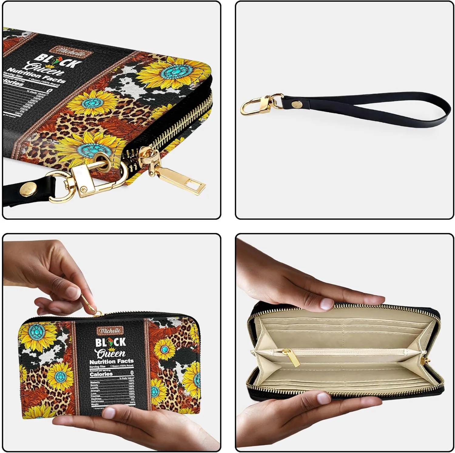 Personalized Leather Wallet for Women – Custom Name African Pride Clutch – Elegant African Queen Gift – African American Art Bag – Ideal Gift for Mother's Day (Black Queen)