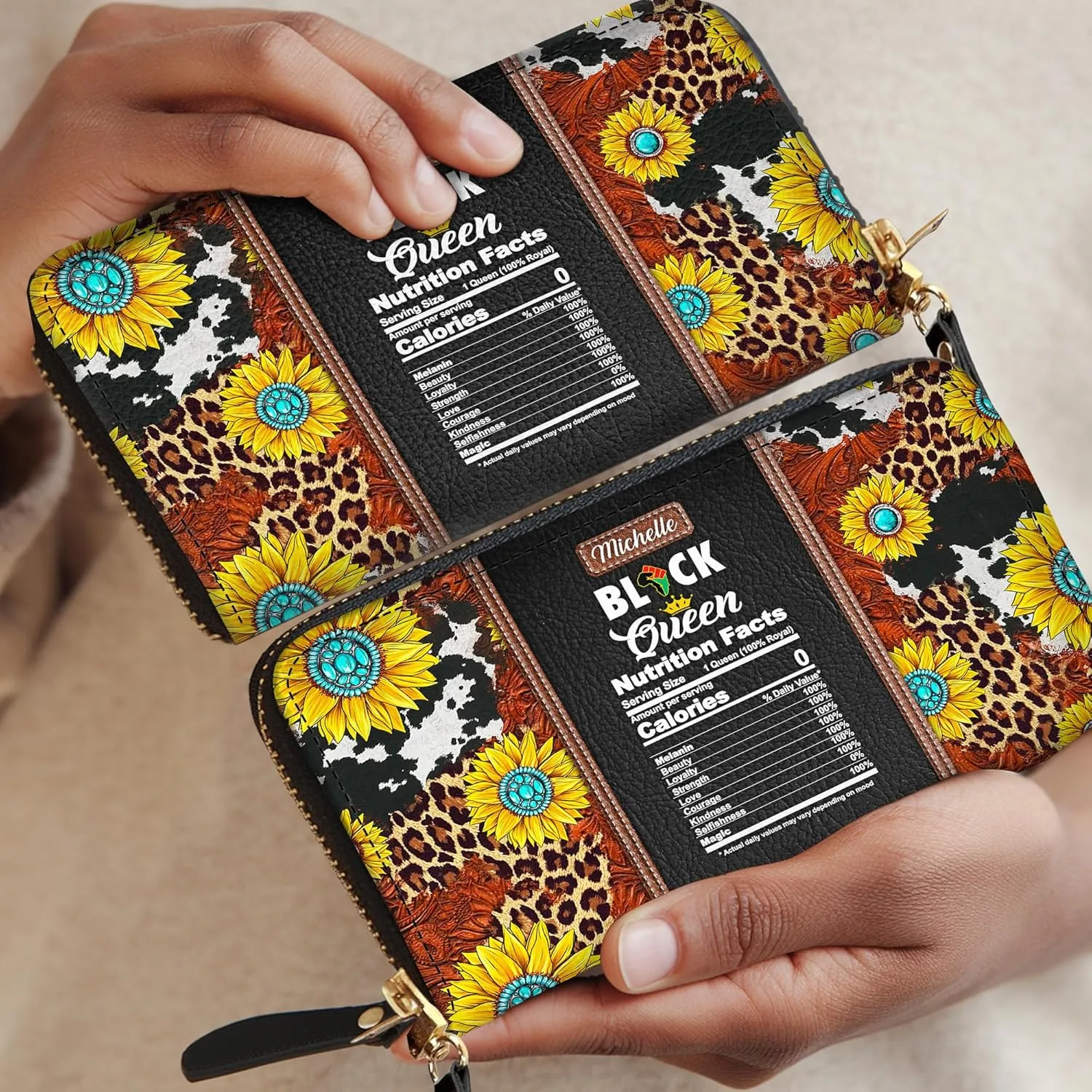 Personalized Leather Wallet for Women – Custom Name African Pride Clutch – Elegant African Queen Gift – African American Art Bag – Ideal Gift for Mother's Day (Black Queen)