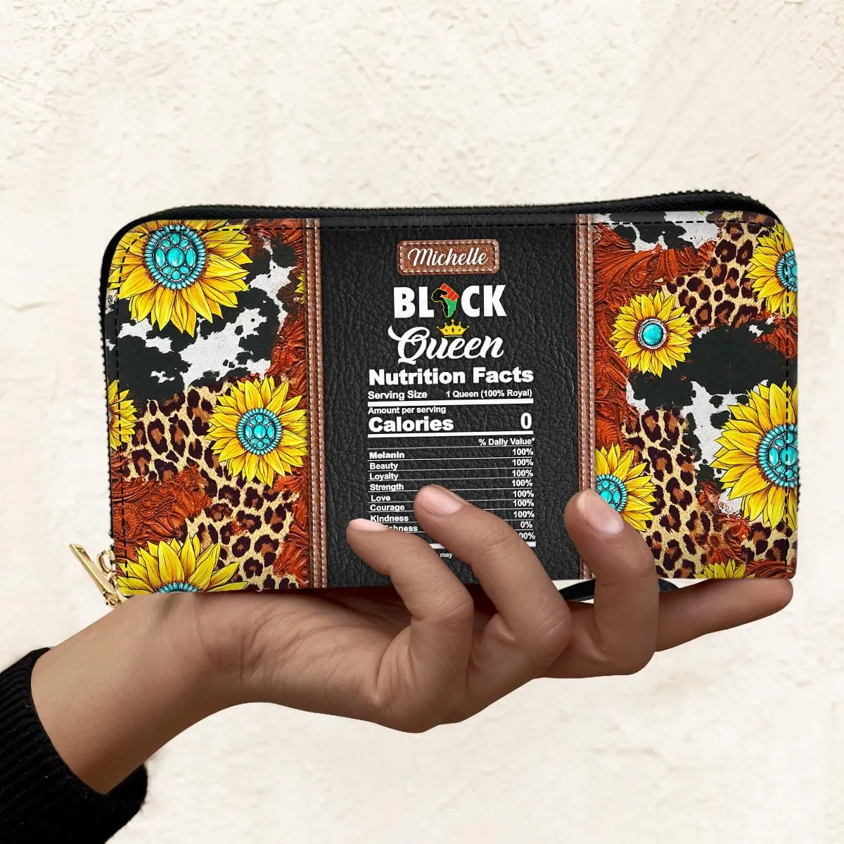 Personalized Leather Wallet for Women – Custom Name African Pride Clutch – Elegant African Queen Gift – African American Art Bag – Ideal Gift for Mother's Day (Black Queen)