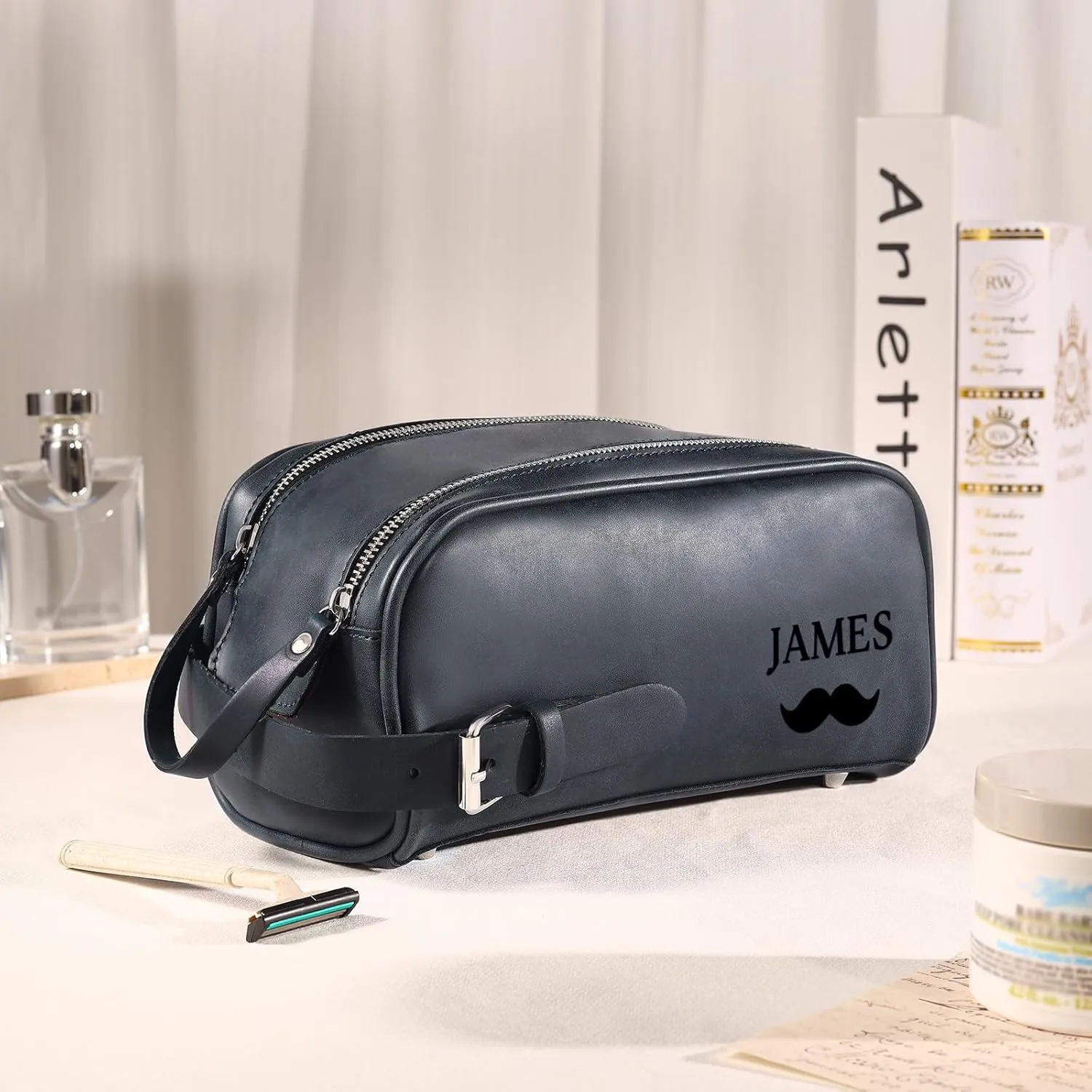 Personalized Toiletry Bag for Men, Custom Engraved Travel Dopp Kit Bag, Customized Name Initials Gift for Dad, Boyfriend, Husband Father's Day, Wedding, Birthday(Dark Blue)