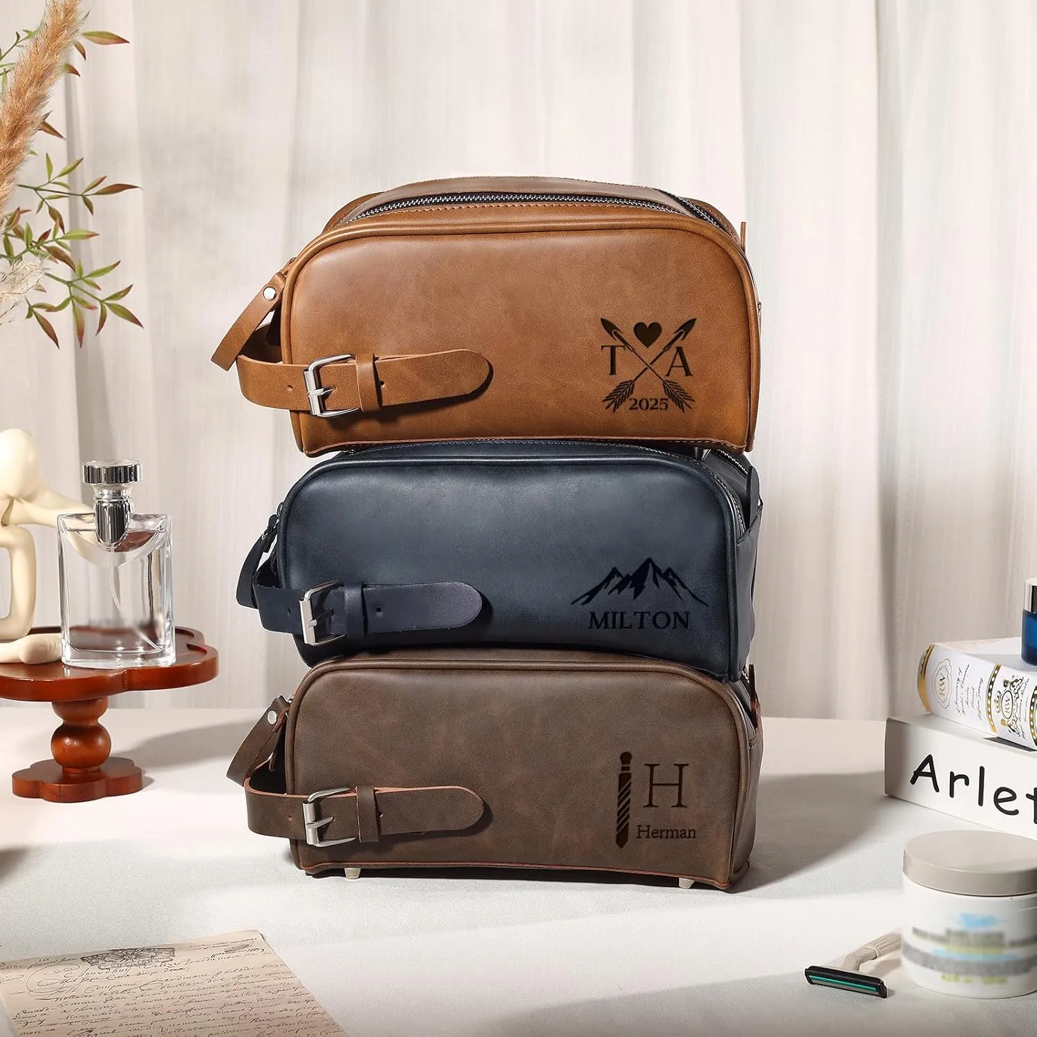 Personalized Toiletry Bag for Men, Custom Engraved Travel Dopp Kit Bag, Customized Name Initials Gift for Dad, Boyfriend, Husband Father's Day, Wedding, Birthday(Dark Blue)