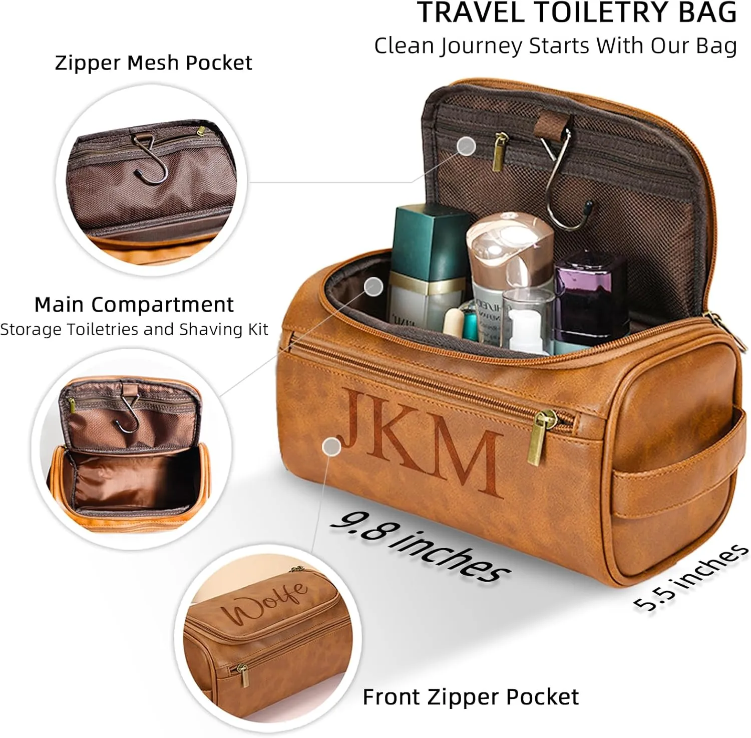 Personalized Toiletry Bag for Men, Customized PU Leather Dopp Kit, Custom Name Shaving Bag for Travel, Handcrafted Gift for Groomsmen, Dad, Husband, Grandpa, Christmas Day, Birthday - Black
