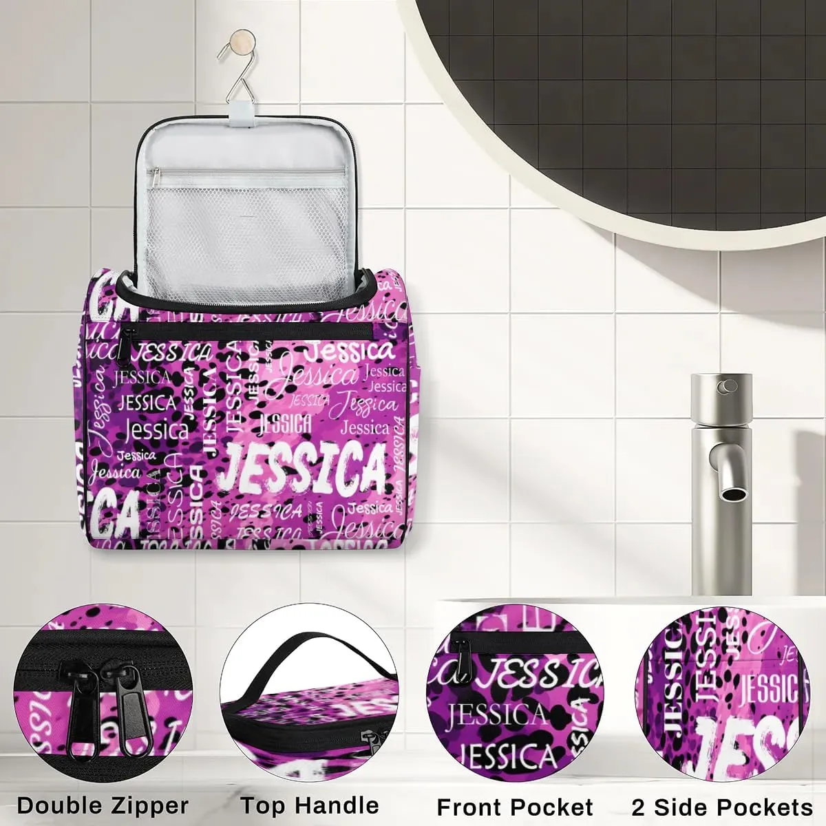 Personalized Travel Toiletry Bag for Women and Men, Hanging Travel Bag for Toiletries, Custom Makeup Organizer Bag for Cosmetics, Black Purple