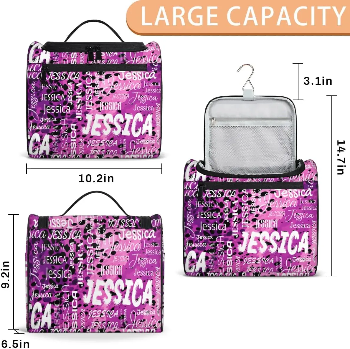 Personalized Travel Toiletry Bag for Women and Men, Hanging Travel Bag for Toiletries, Custom Makeup Organizer Bag for Cosmetics, Black Purple