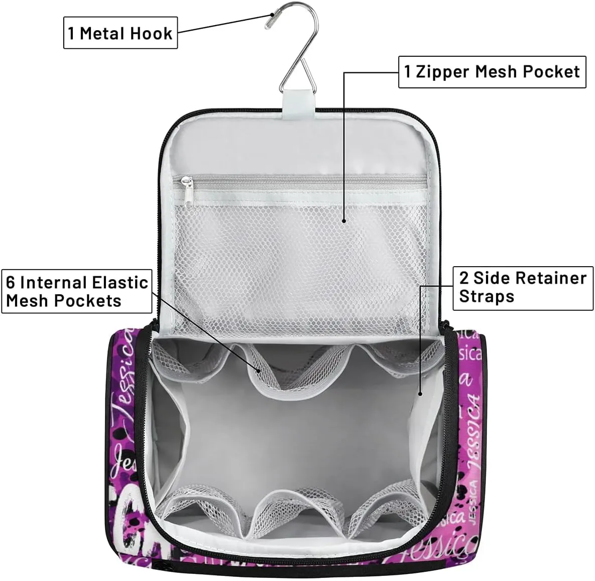 Personalized Travel Toiletry Bag for Women and Men, Hanging Travel Bag for Toiletries, Custom Makeup Organizer Bag for Cosmetics, Black Purple
