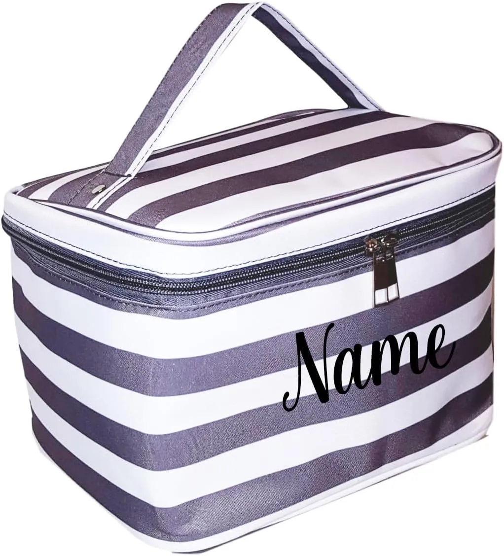 Personalized with Name New Go-To Cosmetic Case: Travel in Style and Stay Organized, Gray & White Stripe