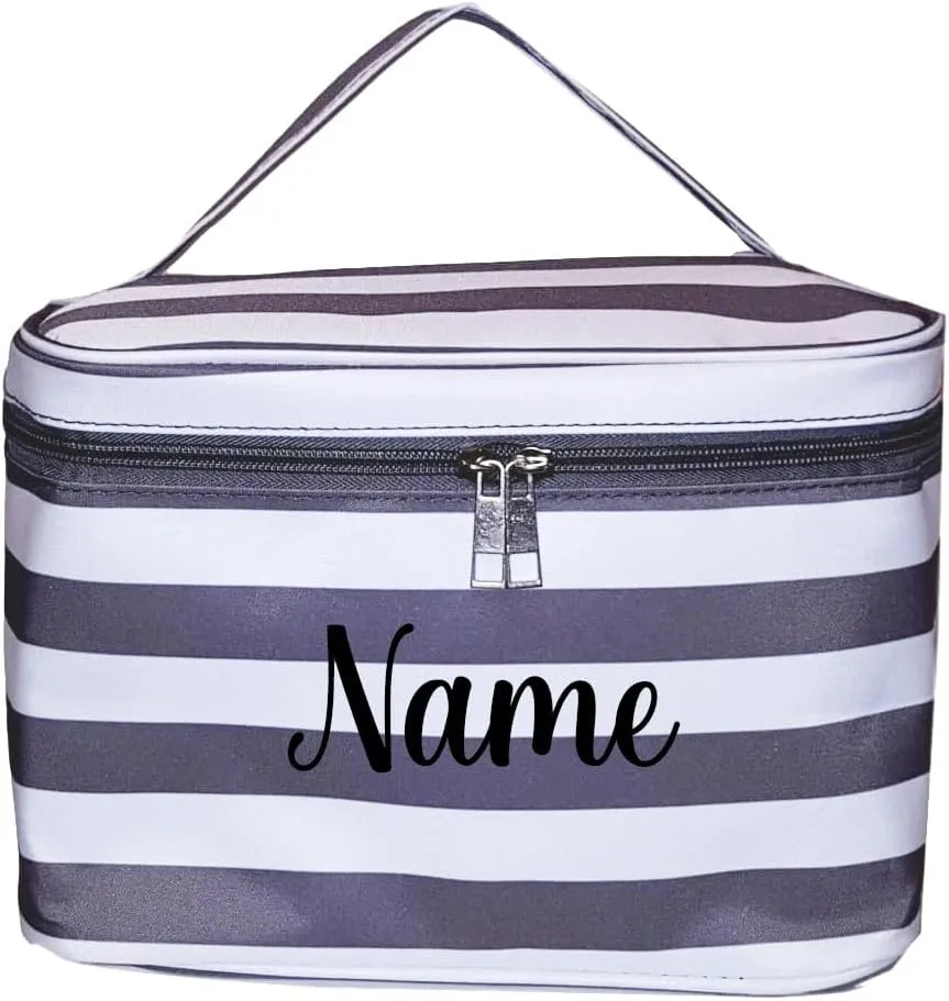 Personalized with Name New Go-To Cosmetic Case: Travel in Style and Stay Organized, Gray & White Stripe