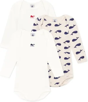 Petit Bateau Babies' Long-Sleeved Cotton Whale Themed Bodysuits - 3-Pack SIZES 3-36 MONTHS