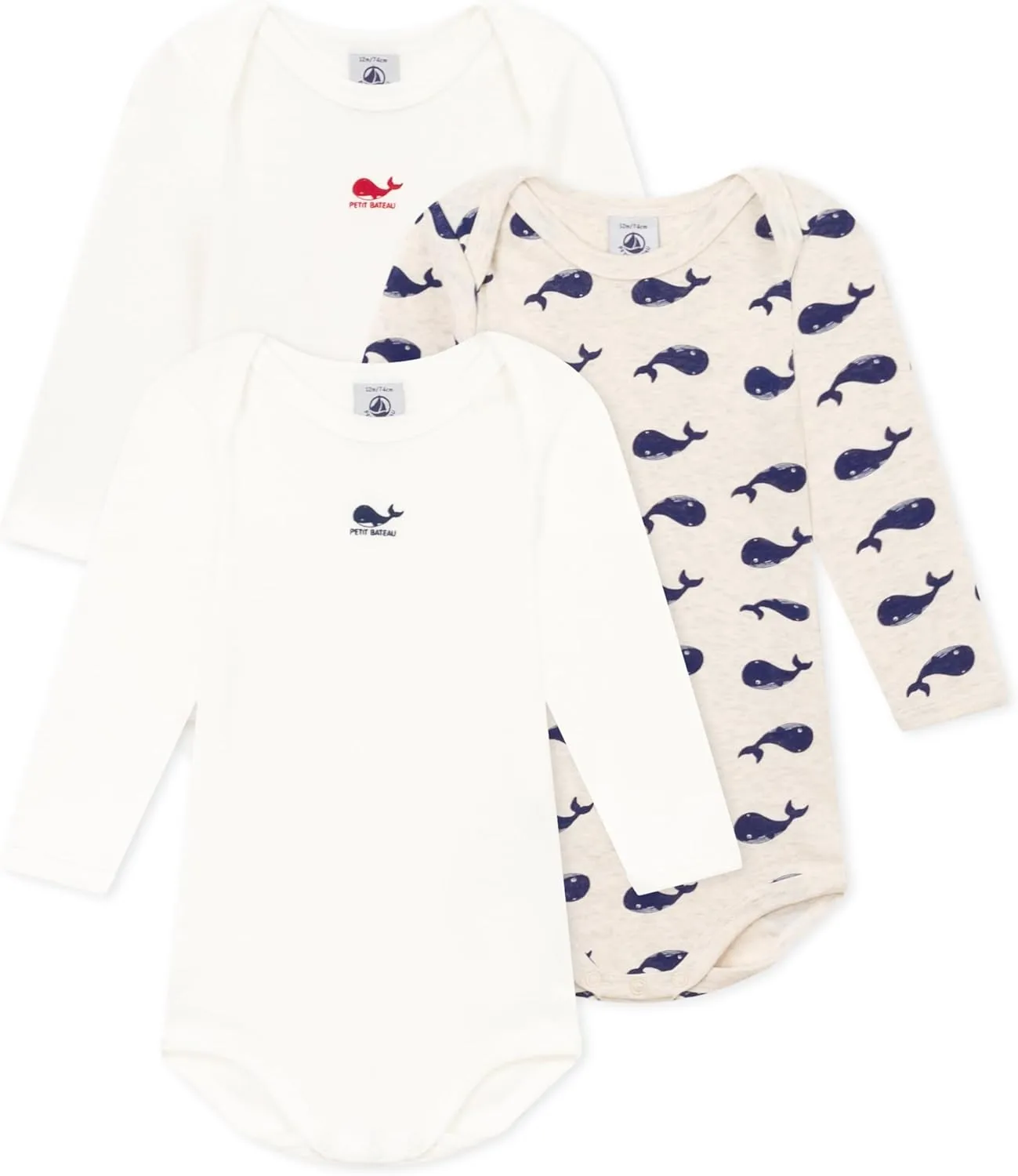 Petit Bateau Babies' Long-Sleeved Cotton Whale Themed Bodysuits - 3-Pack SIZES 3-36 MONTHS