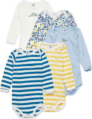 Petit Bateau Babies' Panther Patterned Long-Sleeved Cotton Bodysuits GIFT BOXED - 5-Pack STYLE A02FD SIZES 3-36 MONTHS