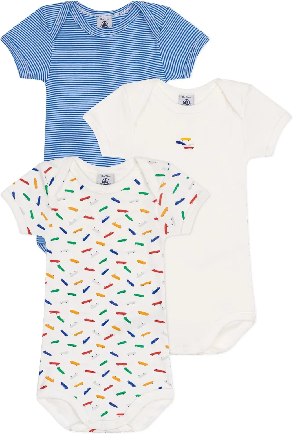 Petit Bateau Babies' Short-sleeved Cotton Skate Pattern Bodysuits - 3-Pack SIZES 3-36 MONTHS
