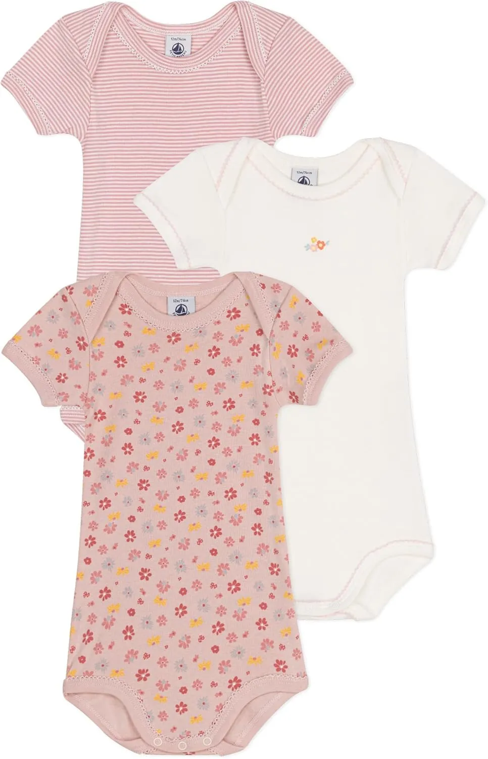 Petit Bateau Babies' Short-Sleeved Floral Cotton Bodysuits - 3-Pack SIZES 3-36 MONTHS