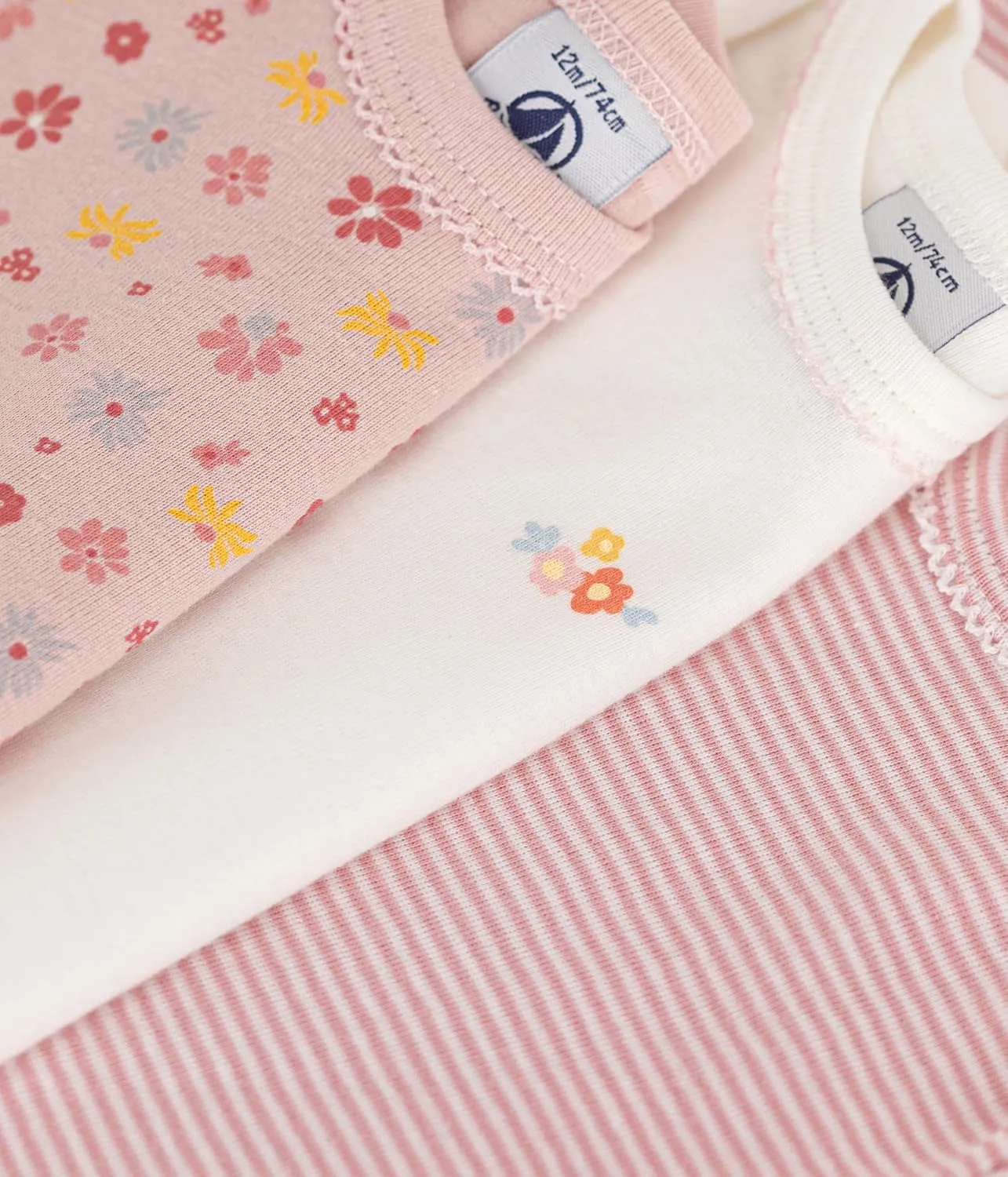 Petit Bateau Babies' Short-Sleeved Floral Cotton Bodysuits - 3-Pack SIZES 3-36 MONTHS