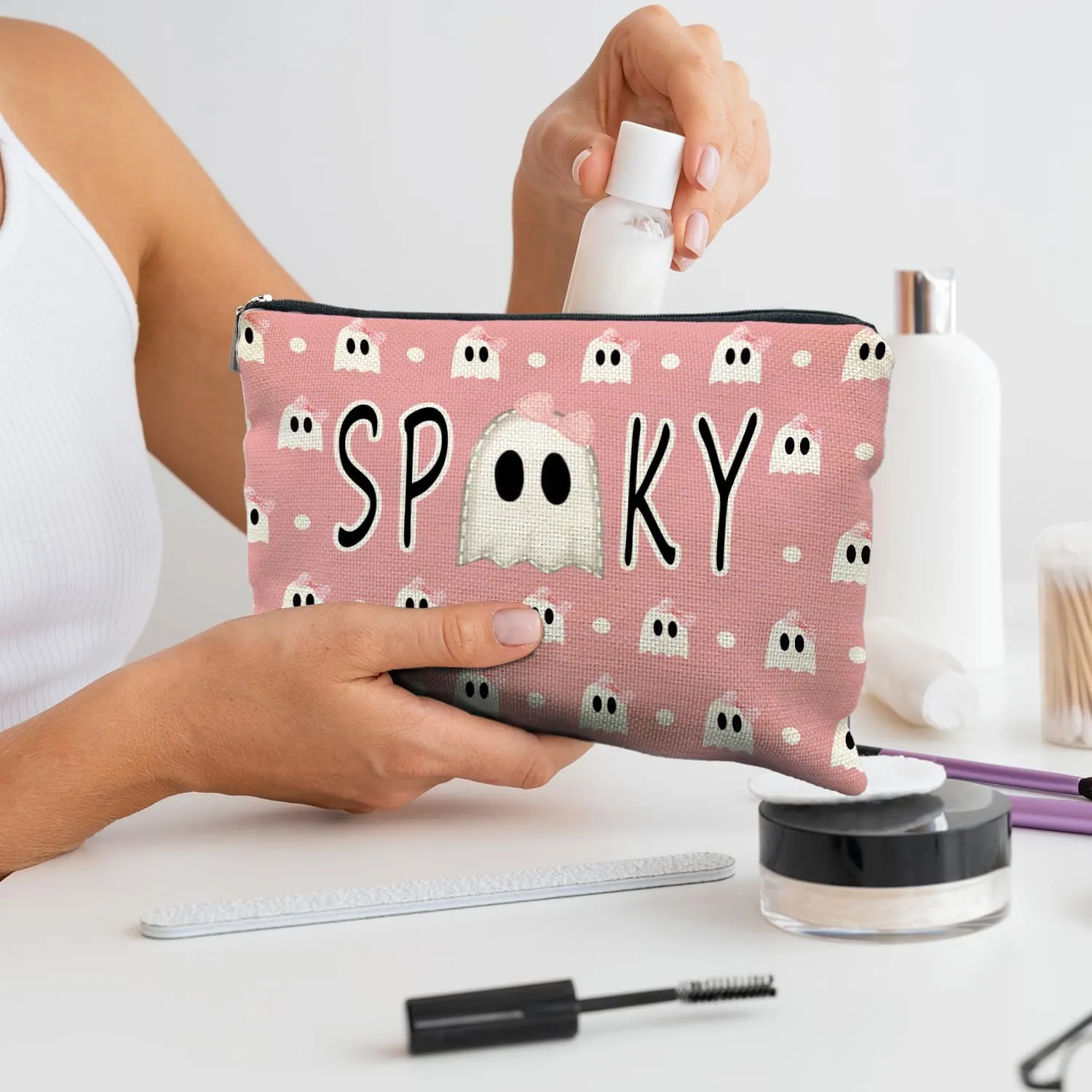 Pink Bow Spooky Makeup Bag - Halloween Cosmetic Bag for Women, Perfect Gifts for Spooky Occasions