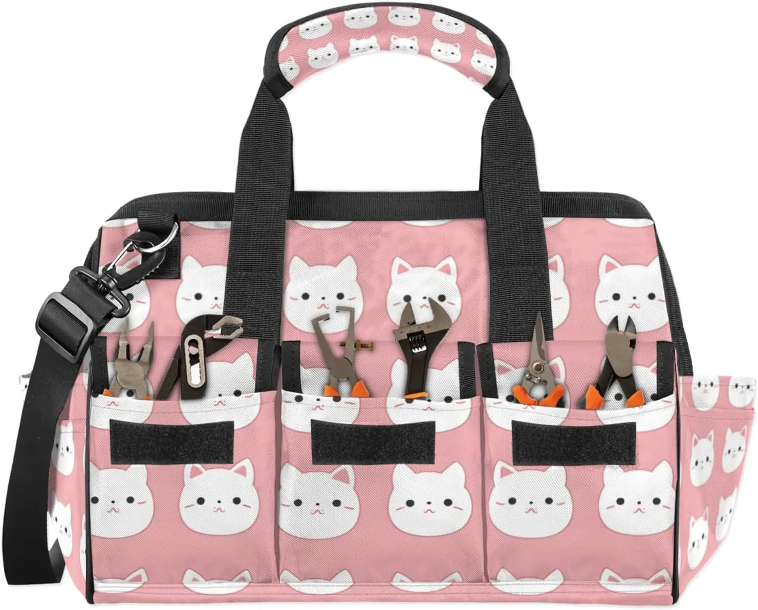 Pink Cats Tool Bag Wide Mouth 14.8" Portable Tools Tote 14 Pockets Waterproof Heavy Duty Tool Organizer Adjustable Shoulder Strap for Men Women Garden Tools