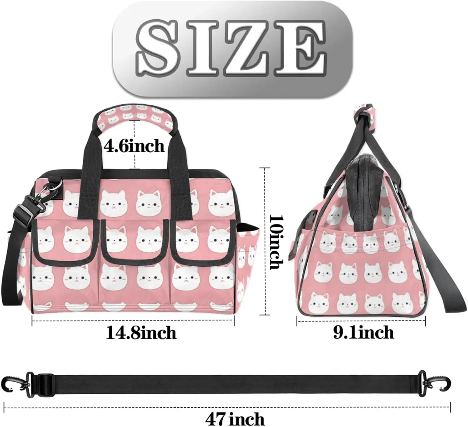 Pink Cats Tool Bag Wide Mouth 14.8" Portable Tools Tote 14 Pockets Waterproof Heavy Duty Tool Organizer Adjustable Shoulder Strap for Men Women Garden Tools