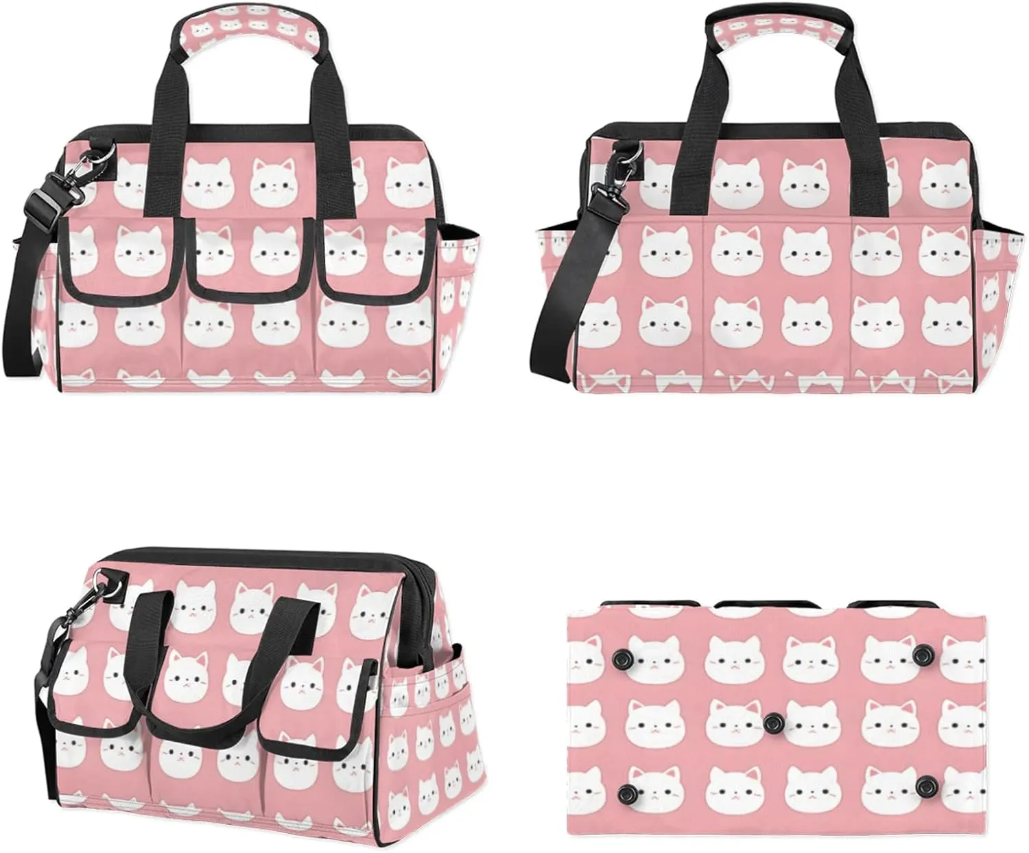 Pink Cats Tool Bag Wide Mouth 14.8" Portable Tools Tote 14 Pockets Waterproof Heavy Duty Tool Organizer Adjustable Shoulder Strap for Men Women Garden Tools
