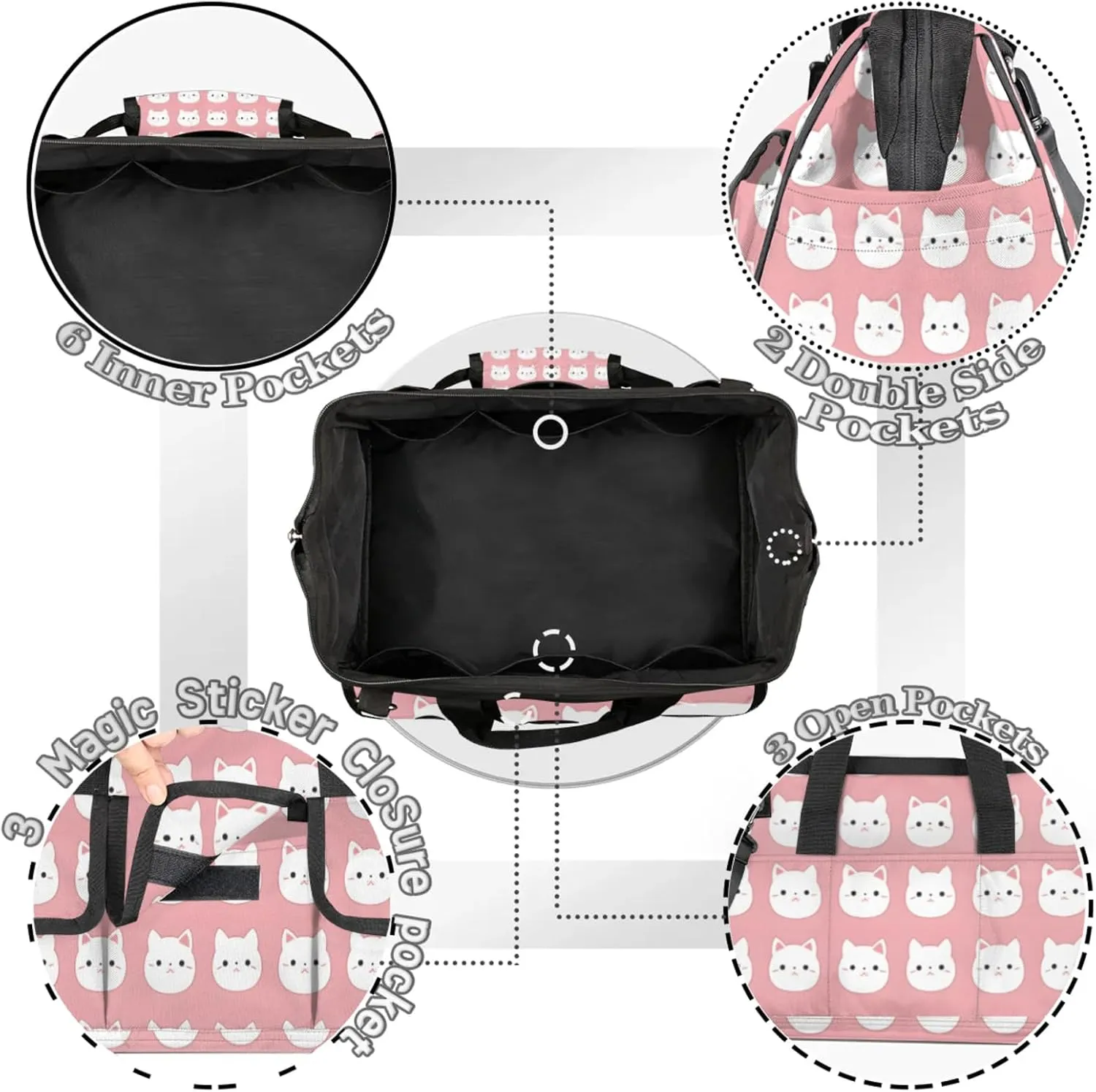 Pink Cats Tool Bag Wide Mouth 14.8" Portable Tools Tote 14 Pockets Waterproof Heavy Duty Tool Organizer Adjustable Shoulder Strap for Men Women Garden Tools