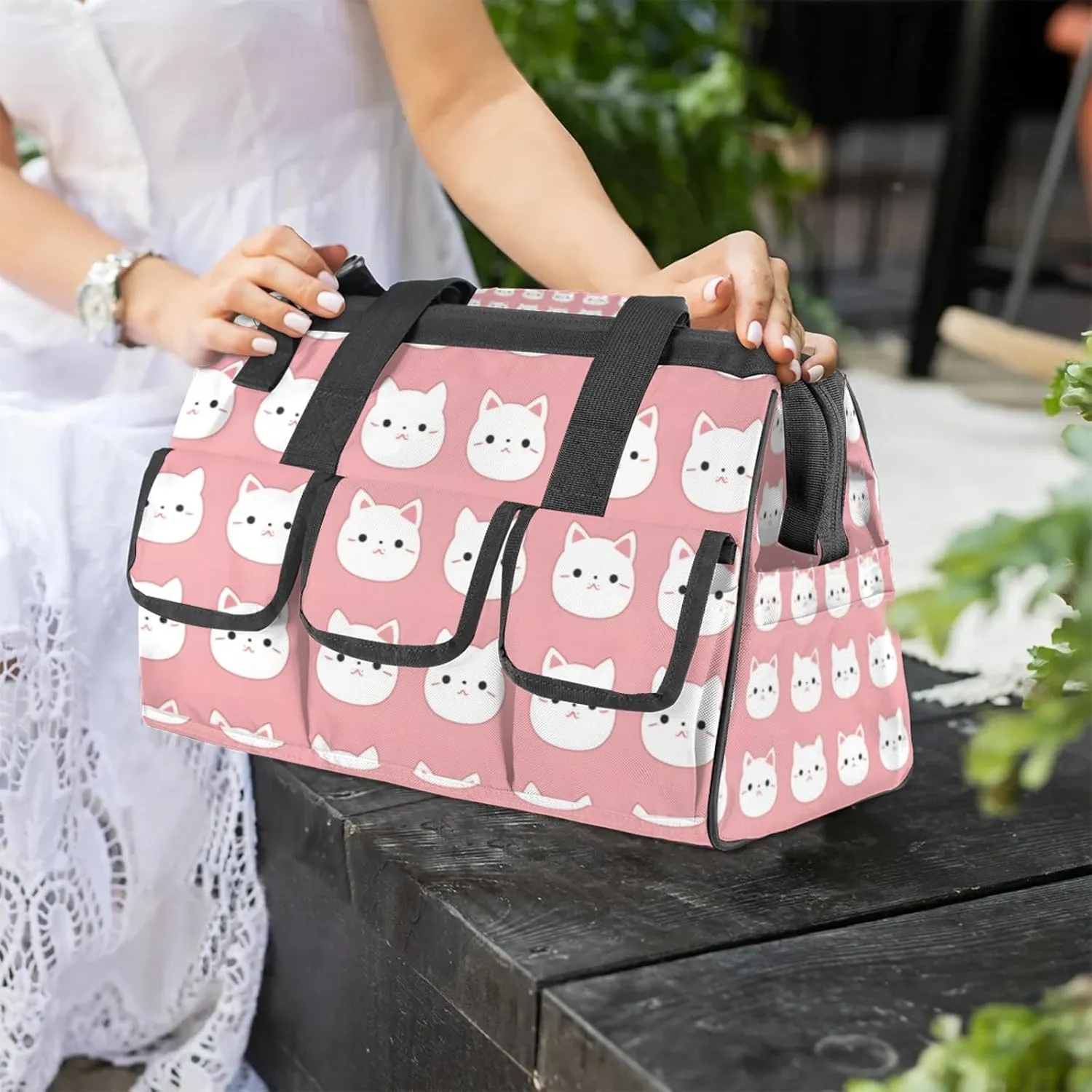 Pink Cats Tool Bag Wide Mouth 14.8" Portable Tools Tote 14 Pockets Waterproof Heavy Duty Tool Organizer Adjustable Shoulder Strap for Men Women Garden Tools