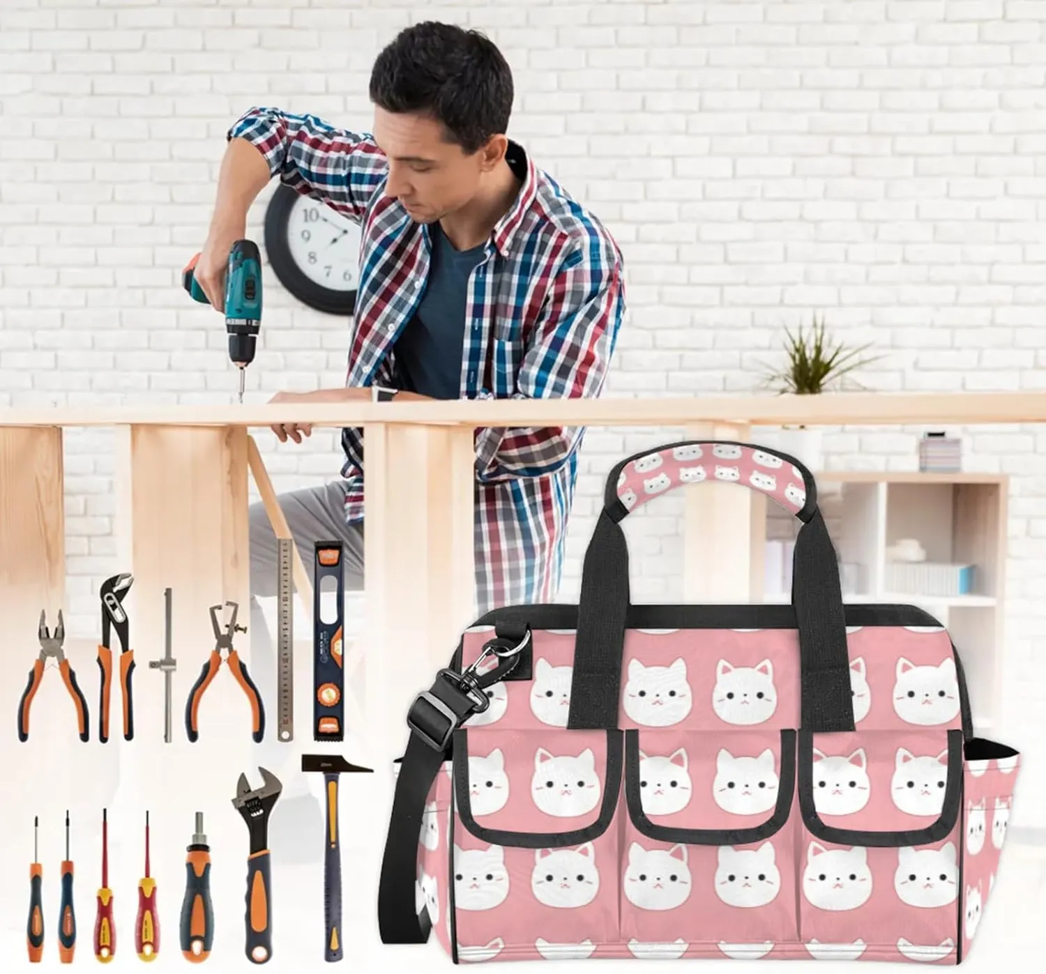 Pink Cats Tool Bag Wide Mouth 14.8" Portable Tools Tote 14 Pockets Waterproof Heavy Duty Tool Organizer Adjustable Shoulder Strap for Men Women Garden Tools