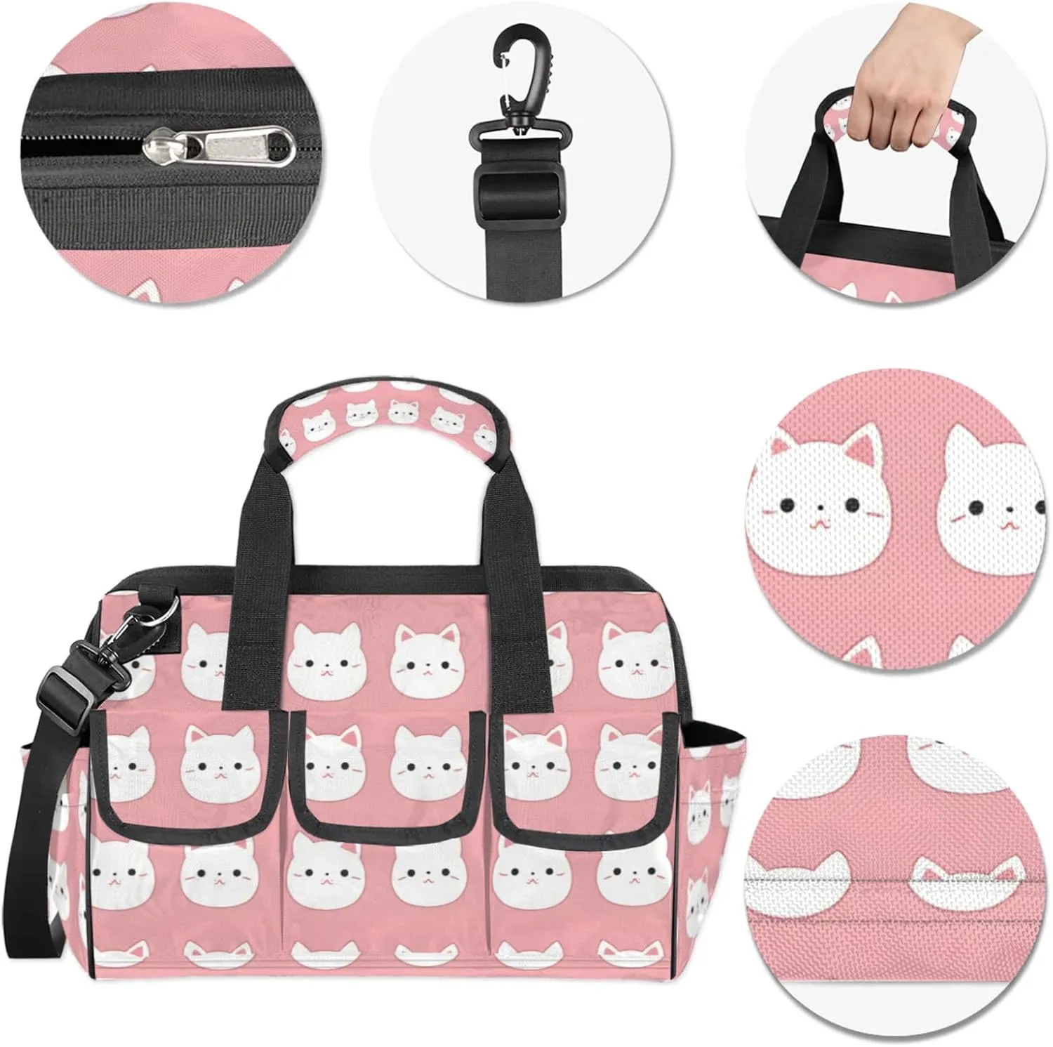 Pink Cats Tool Bag Wide Mouth 14.8" Portable Tools Tote 14 Pockets Waterproof Heavy Duty Tool Organizer Adjustable Shoulder Strap for Men Women Garden Tools