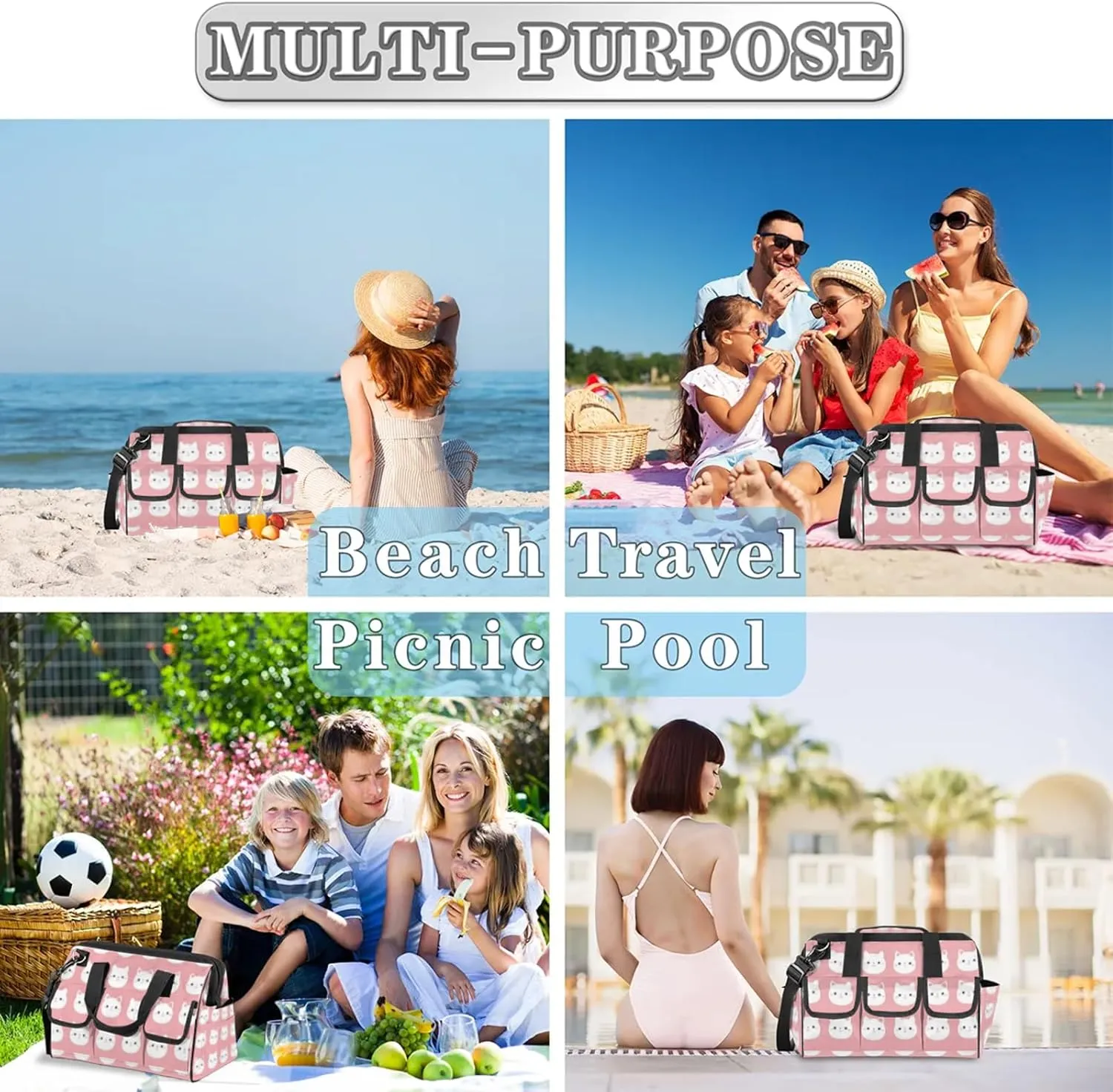 Pink Cats Tool Bag Wide Mouth 14.8" Portable Tools Tote 14 Pockets Waterproof Heavy Duty Tool Organizer Adjustable Shoulder Strap for Men Women Garden Tools