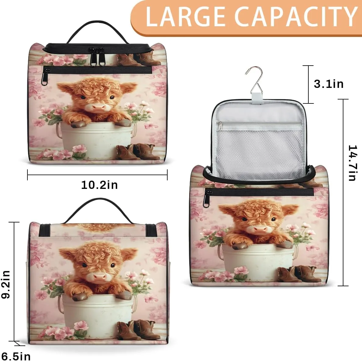 Pink Travel Toiletry Bag for Women Large Capacity Wide-open Makeup Organizer Cosmetic Travel Bags for Toiletries, Highland Cow