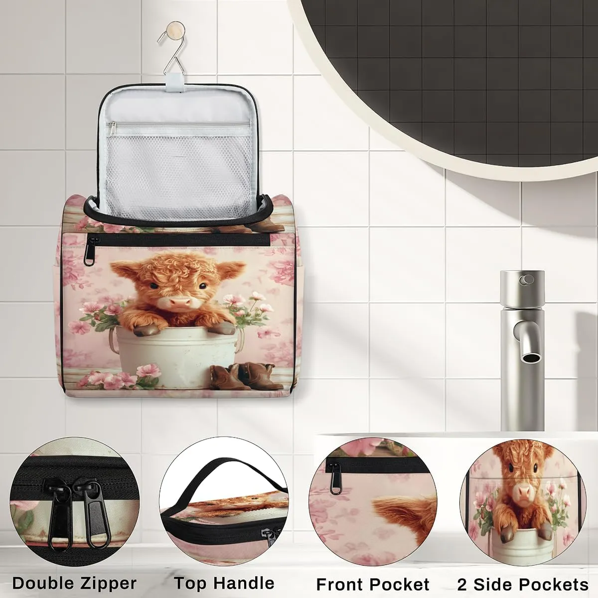 Pink Travel Toiletry Bag for Women Large Capacity Wide-open Makeup Organizer Cosmetic Travel Bags for Toiletries, Highland Cow