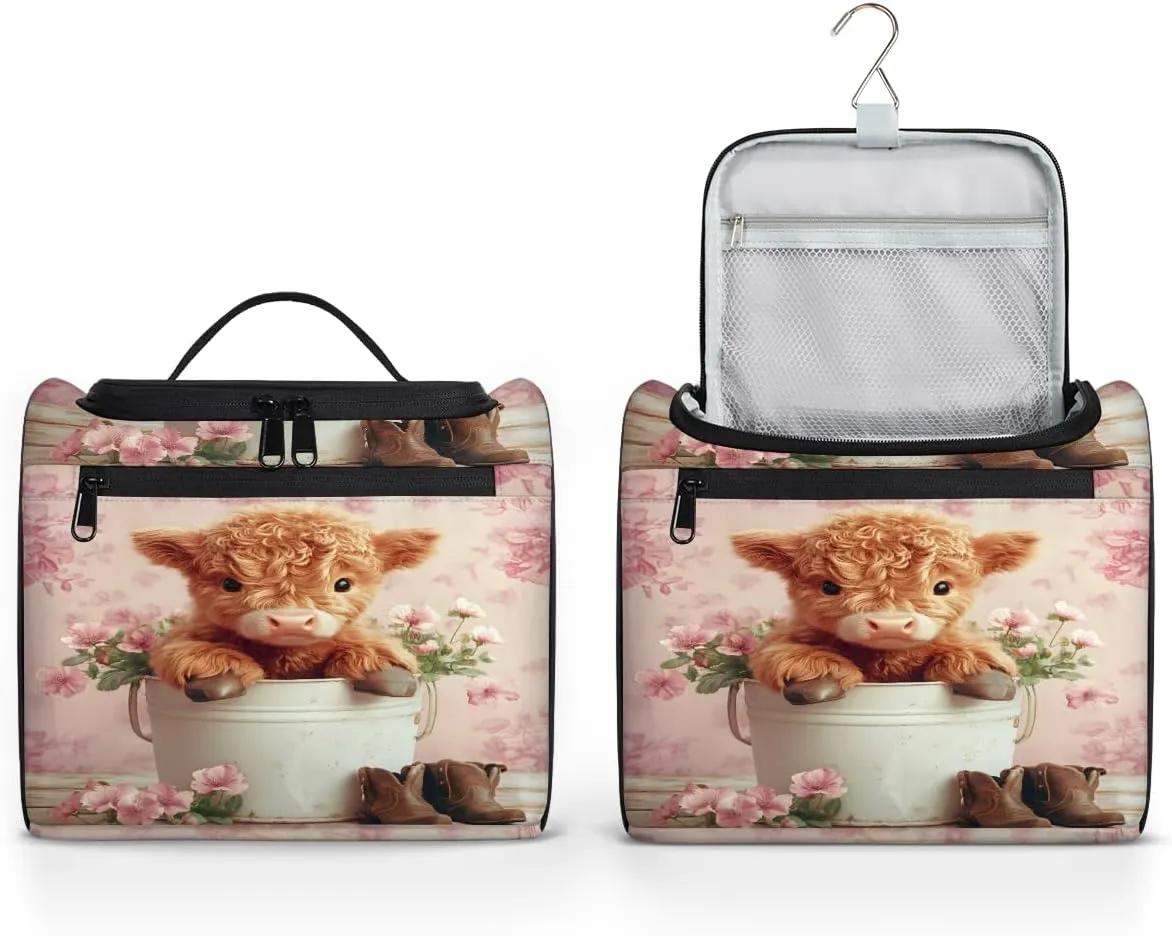 Pink Travel Toiletry Bag for Women Large Capacity Wide-open Makeup Organizer Cosmetic Travel Bags for Toiletries, Highland Cow