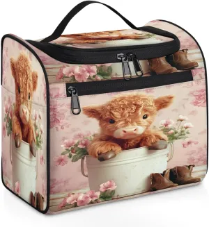 Pink Travel Toiletry Bag for Women Large Capacity Wide-open Makeup Organizer Cosmetic Travel Bags for Toiletries, Highland Cow