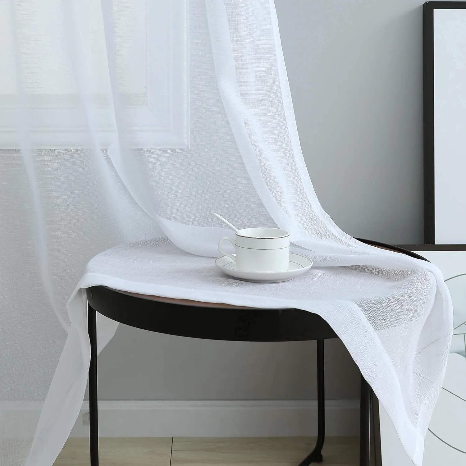 Pitalk White Sheer Curtains 84 Inches Long for Living Room 2 Panel Grommet Window Drape Lightweight Semi Translucent Cotton Linen Look Lace Curtain for Bedroom Shabby Chic Farmhouse Decor 52x84 Length