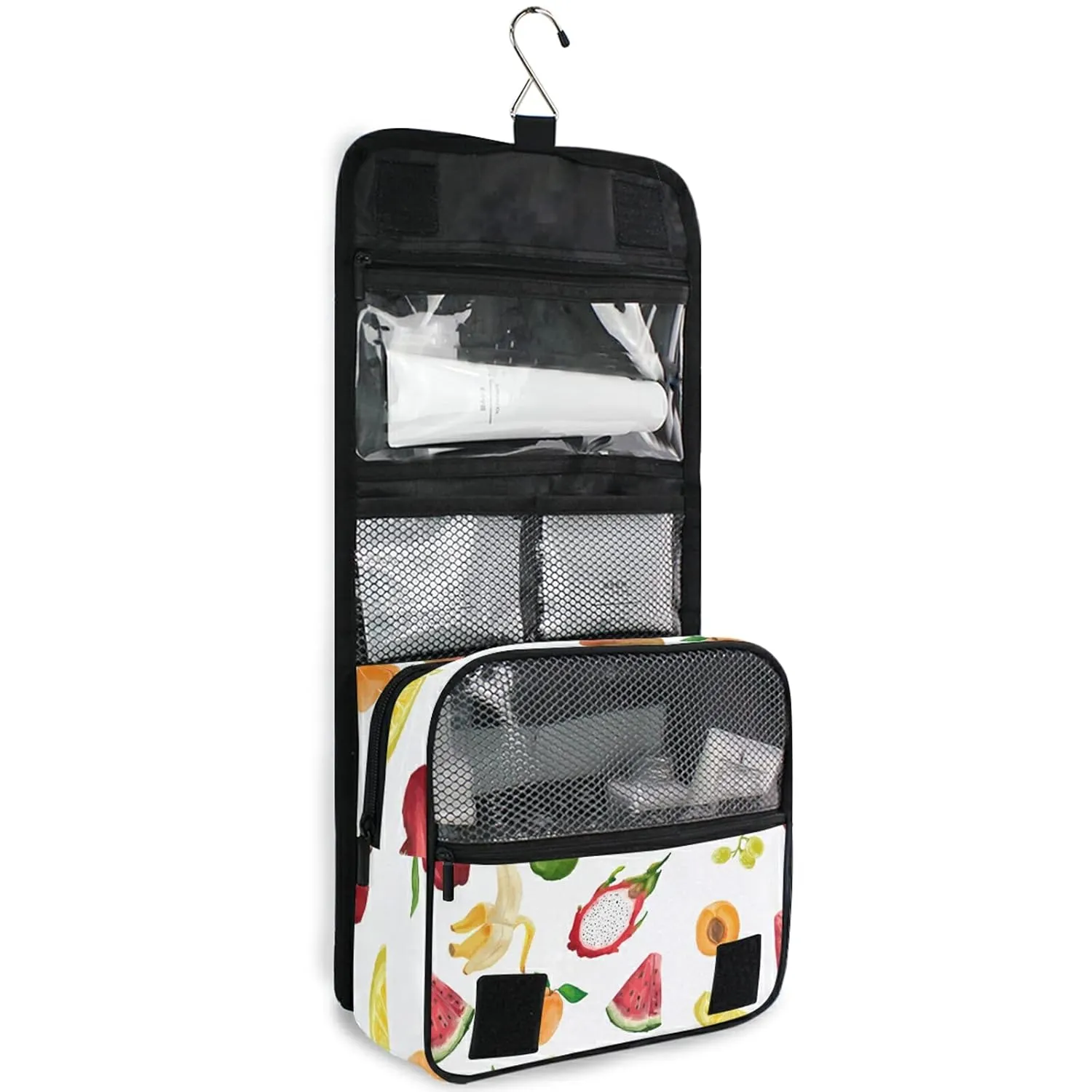 Pitaya Peach Watermelon Banana Lemon Grapes On White Hanging Wash Gargle Toiletry Bag Travel Cosmetic Makeup Case Organizer Storage Large Portable