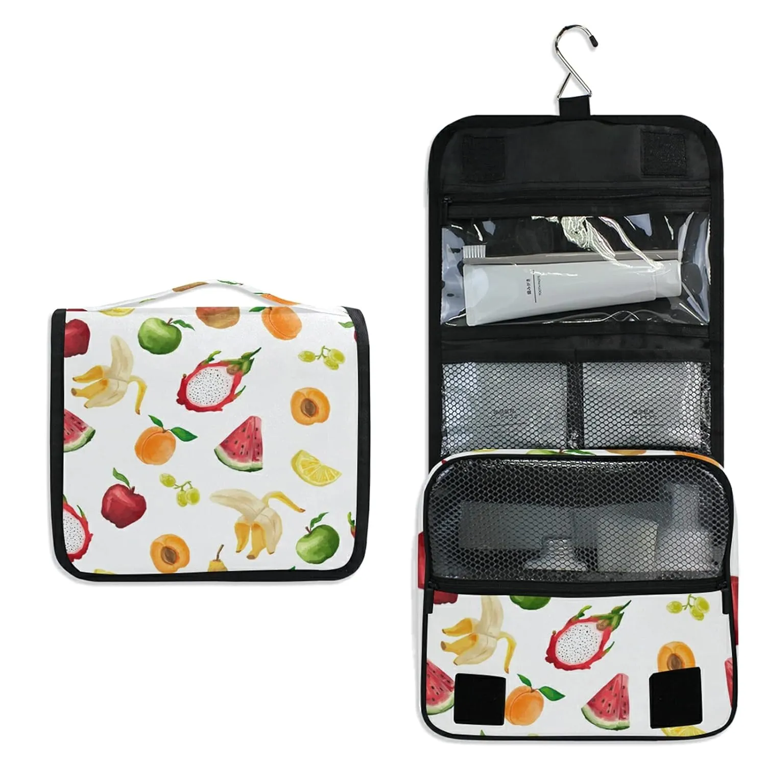 Pitaya Peach Watermelon Banana Lemon Grapes On White Hanging Wash Gargle Toiletry Bag Travel Cosmetic Makeup Case Organizer Storage Large Portable