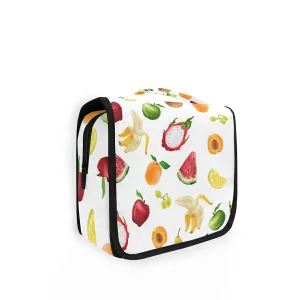 Pitaya Peach Watermelon Banana Lemon Grapes On White Hanging Wash Gargle Toiletry Bag Travel Cosmetic Makeup Case Organizer Storage Large Portable