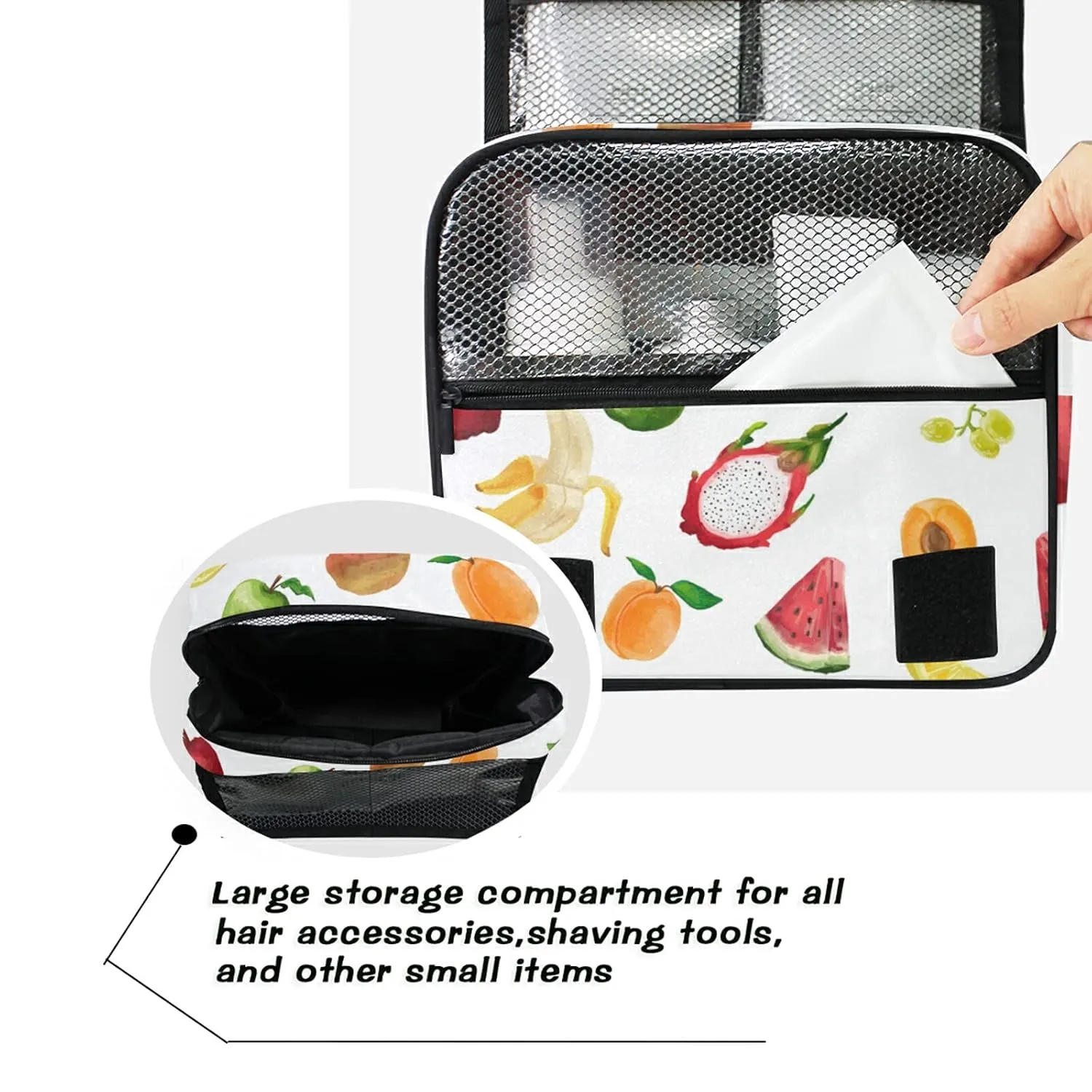 Pitaya Peach Watermelon Banana Lemon Grapes On White Hanging Wash Gargle Toiletry Bag Travel Cosmetic Makeup Case Organizer Storage Large Portable