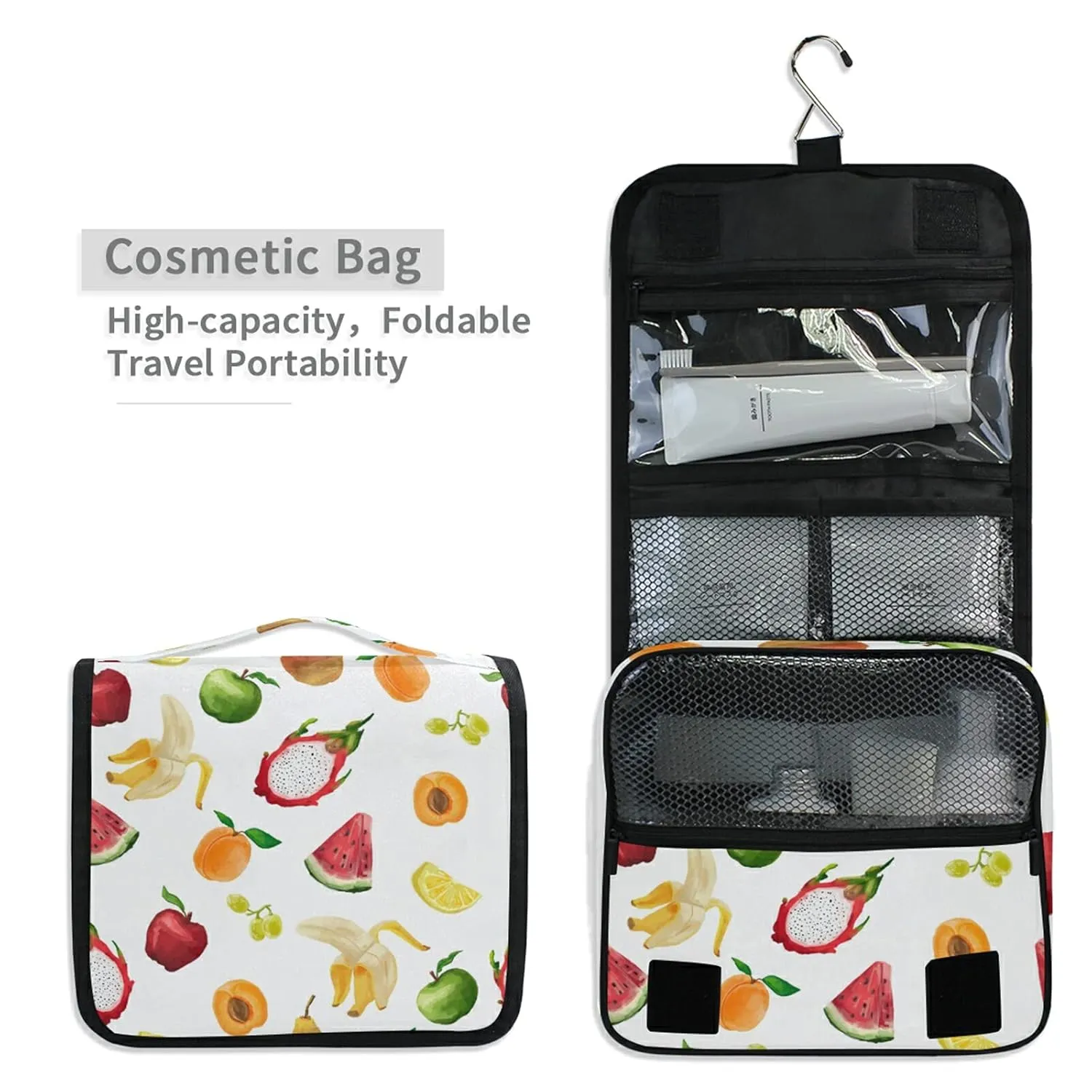 Pitaya Peach Watermelon Banana Lemon Grapes On White Hanging Wash Gargle Toiletry Bag Travel Cosmetic Makeup Case Organizer Storage Large Portable