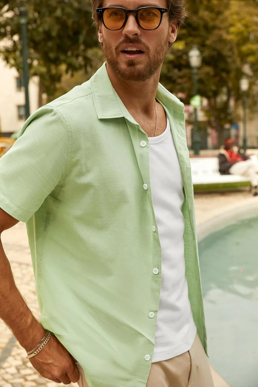 PJ PAUL JONES Mens Short Sleeve Button Down Shirts Summer Beach Shirts Untuckit Cotton Shirt with Pocket