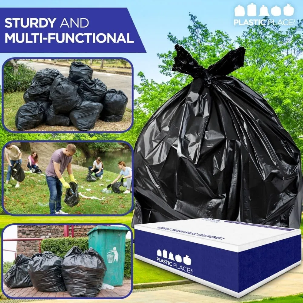 Plasticplace 55-60 Gallon Trash Bags, 1.2 Mil Heavy Duty Contractor Garbage Bags, Black Tear-Resistant Bags for Construction, Yard Waste, Industrial Use, Large 38” x 58” (100 Count)