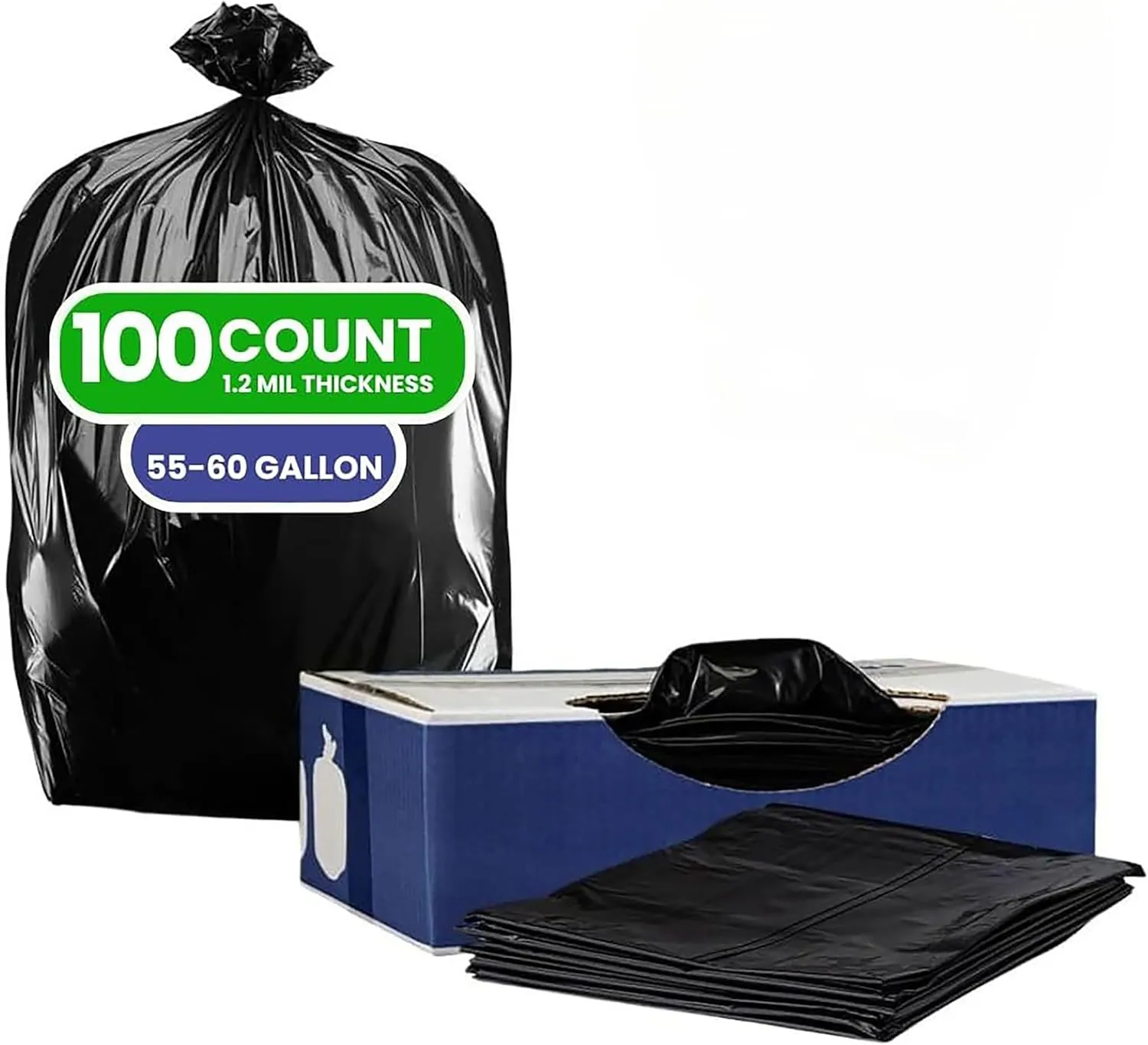 Plasticplace 55-60 Gallon Trash Bags, 1.2 Mil Heavy Duty Contractor Garbage Bags, Black Tear-Resistant Bags for Construction, Yard Waste, Industrial Use, Large 38” x 58” (100 Count)