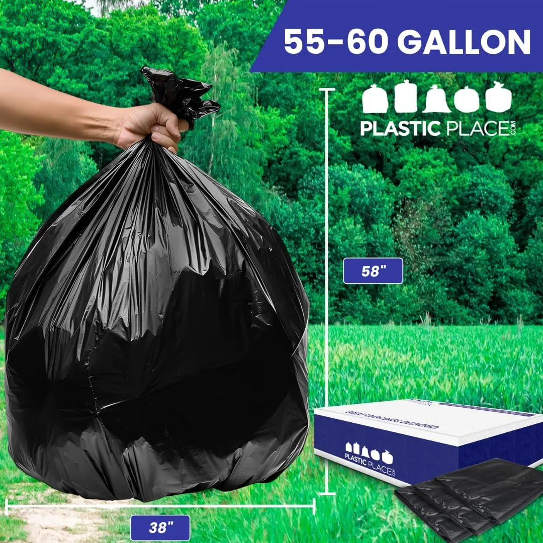 Plasticplace 55-60 Gallon Trash Bags, 1.2 Mil Heavy Duty Contractor Garbage Bags, Black Tear-Resistant Bags for Construction, Yard Waste, Industrial Use, Large 38” x 58” (100 Count)