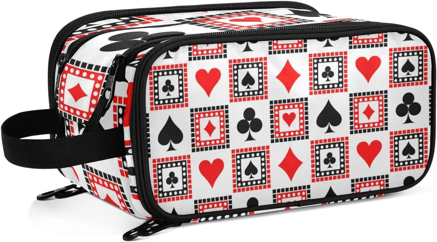 Playing Cards Bright Red, Black, White Symmetrical Geometric Women's Portable Makeup Bag with Handle, Cosmetic Bag, Travel Cosmetic Bag Durable Toiletry Storage Organizer 11 x 7 x 5.7 inch