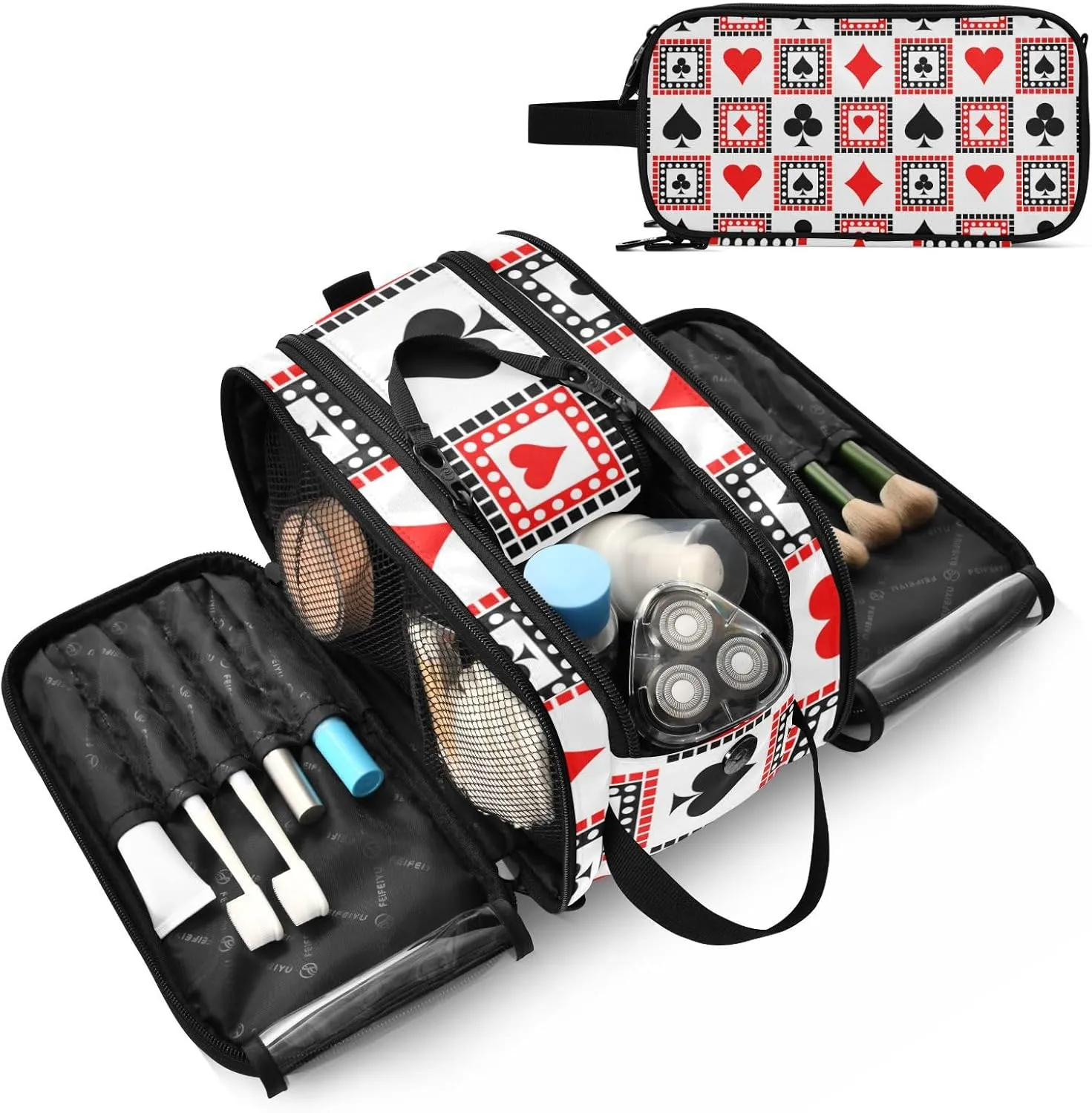Playing Cards Bright Red, Black, White Symmetrical Geometric Women's Portable Makeup Bag with Handle, Cosmetic Bag, Travel Cosmetic Bag Durable Toiletry Storage Organizer 11 x 7 x 5.7 inch