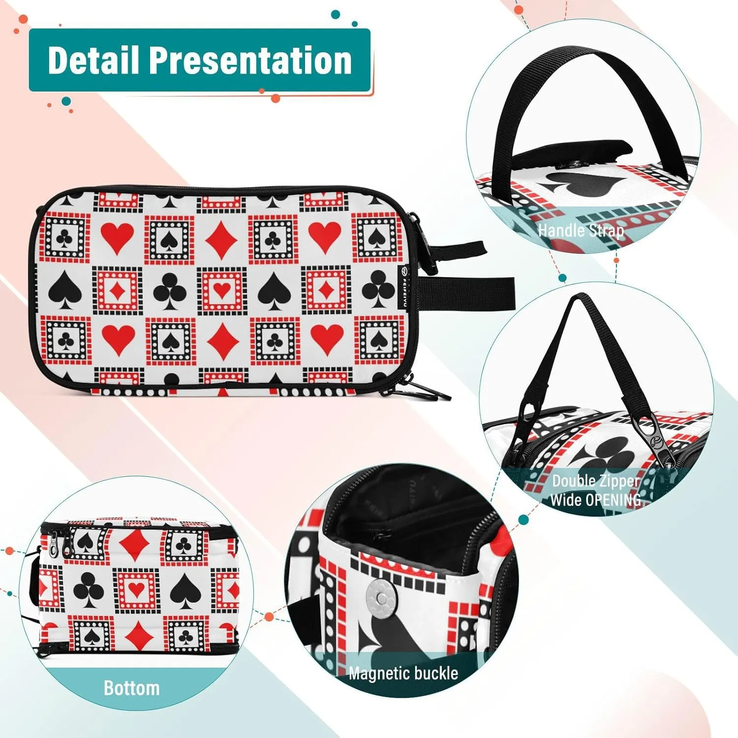 Playing Cards Bright Red, Black, White Symmetrical Geometric Women's Portable Makeup Bag with Handle, Cosmetic Bag, Travel Cosmetic Bag Durable Toiletry Storage Organizer 11 x 7 x 5.7 inch