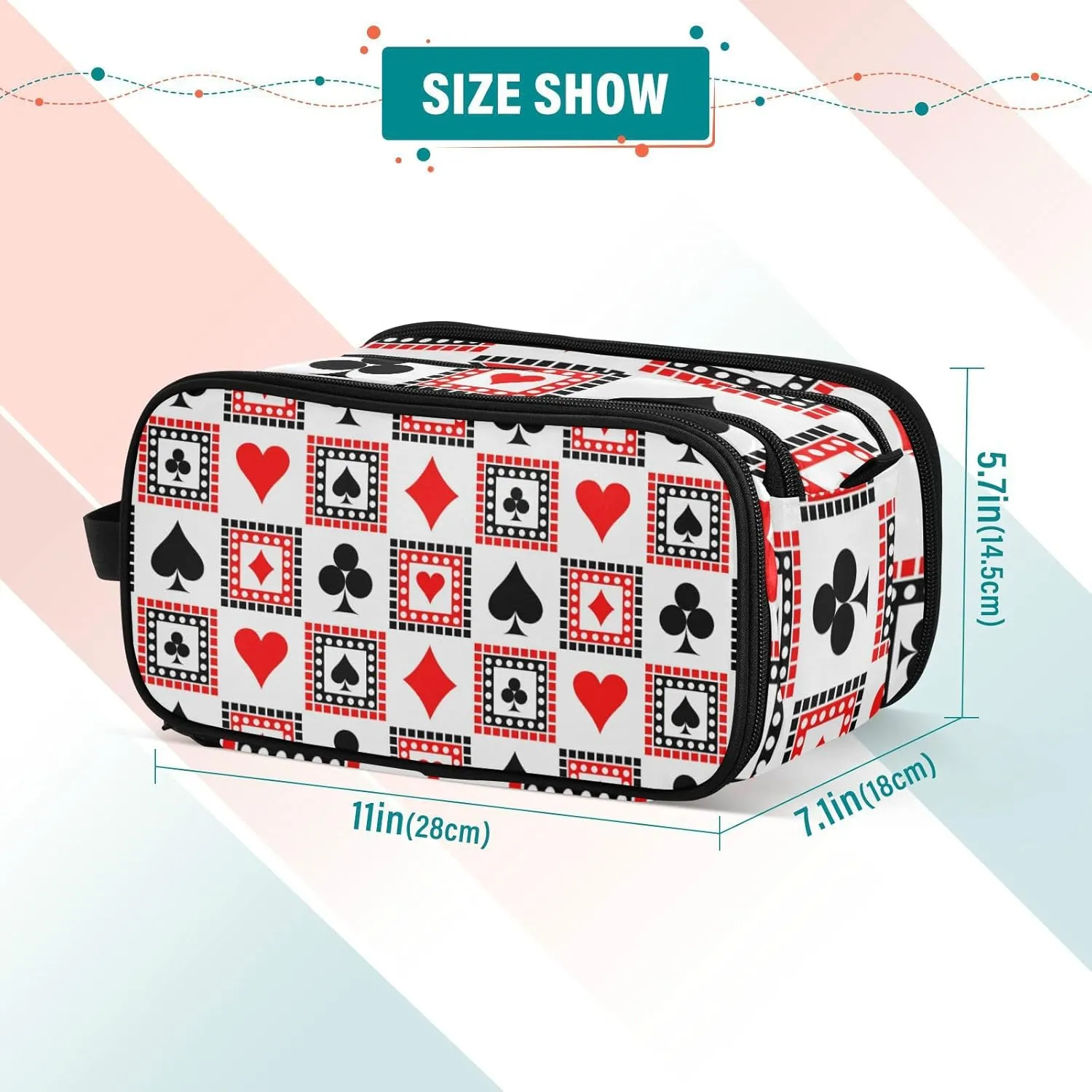 Playing Cards Bright Red, Black, White Symmetrical Geometric Women's Portable Makeup Bag with Handle, Cosmetic Bag, Travel Cosmetic Bag Durable Toiletry Storage Organizer 11 x 7 x 5.7 inch
