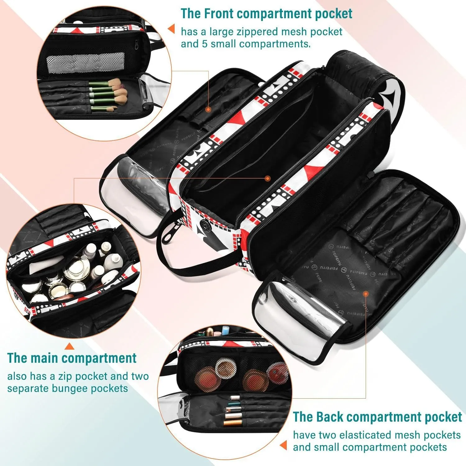 Playing Cards Bright Red, Black, White Symmetrical Geometric Women's Portable Makeup Bag with Handle, Cosmetic Bag, Travel Cosmetic Bag Durable Toiletry Storage Organizer 11 x 7 x 5.7 inch