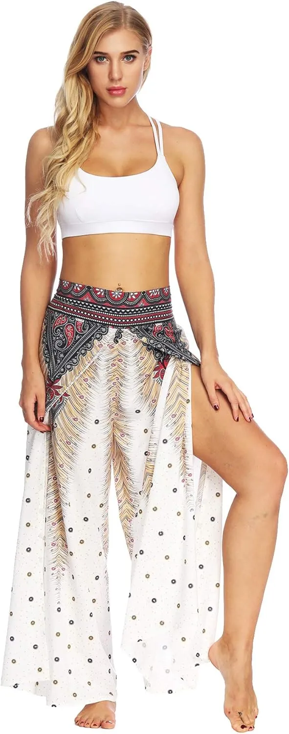 Plustrong Womens Slit Wide Leg Pants Casual Hippie Beach Boho Pilate Flowy Palazzo Yoga Pants