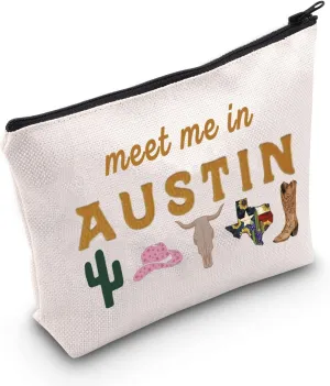 POFULL Austin Gifts Texas Bachelorette Party Makeup Bag Meet Me in Austin Travel Cosmetic Pouch
