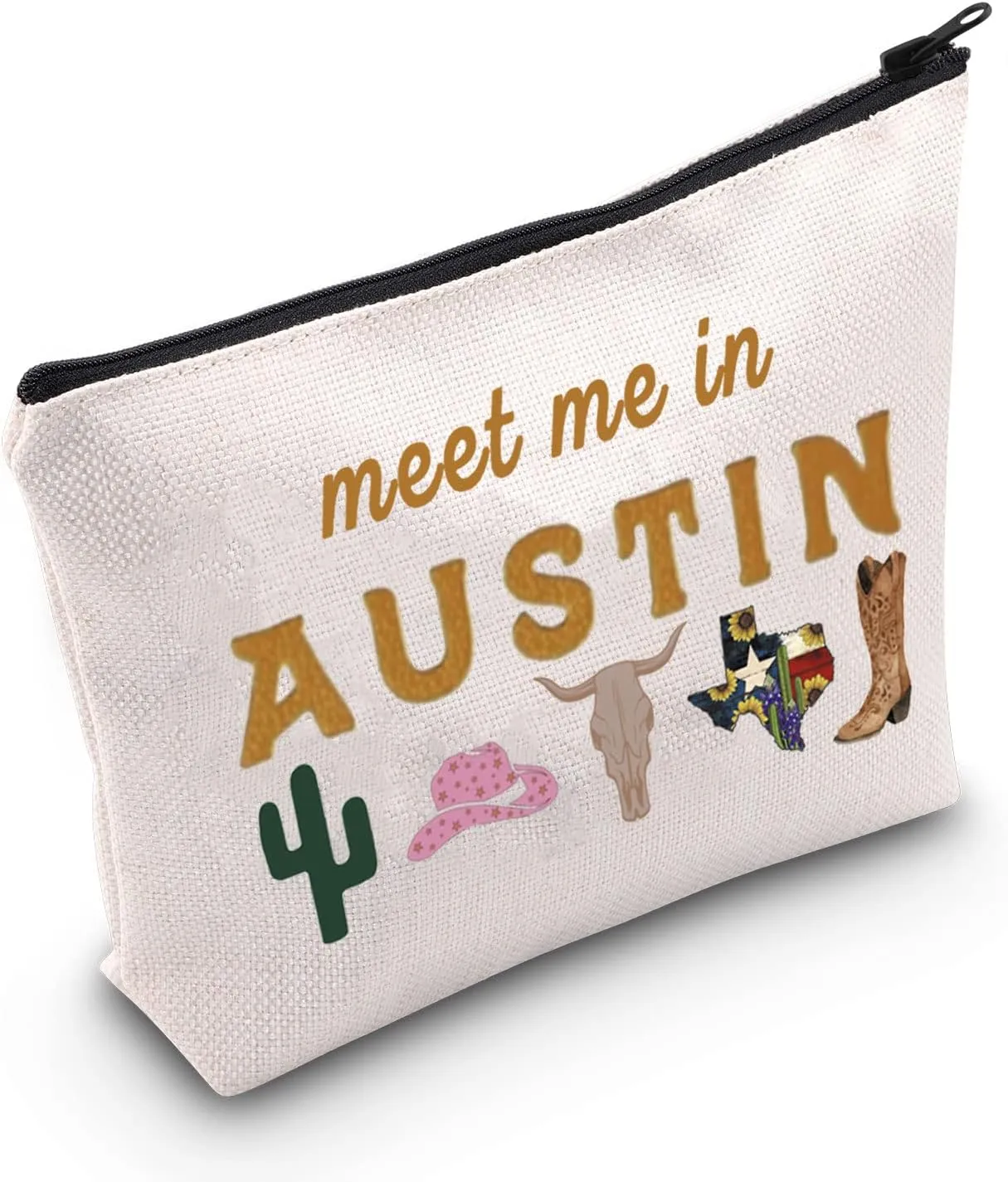 POFULL Austin Gifts Texas Bachelorette Party Makeup Bag Meet Me in Austin Travel Cosmetic Pouch