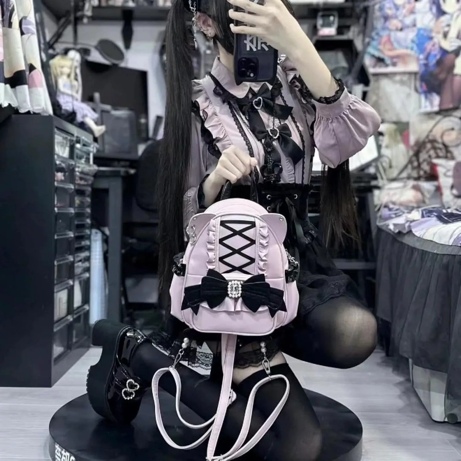 Pokn Jirai Kei Kawaii Bag Gothic Cute Bag Mini Leather Backpack Fashion Small Daypacks Purse for Women Cutecore (Pink)