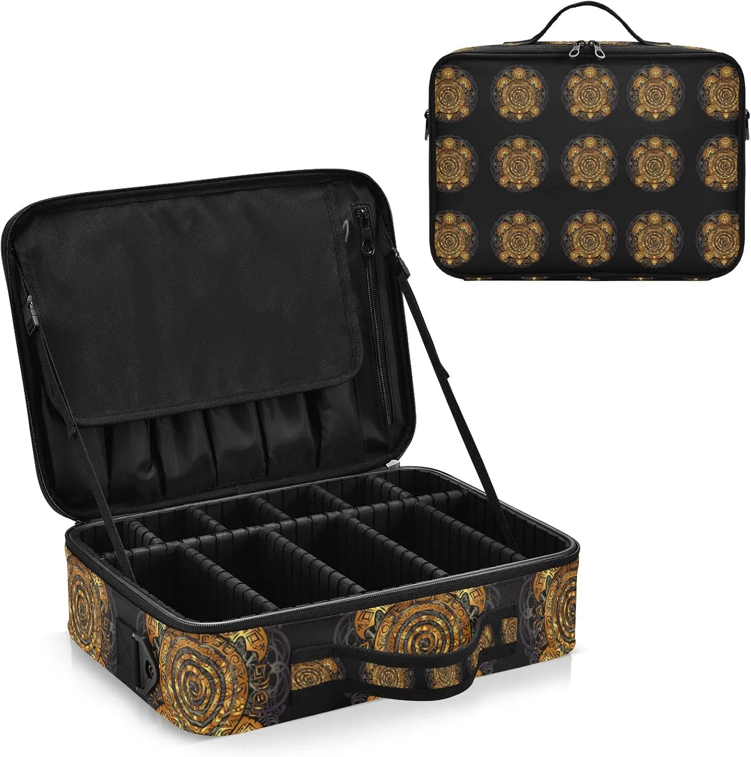 Polynesian Golden Tribal Sea Turtle Tattoo on Black Toned Maori Women's Portable Makeup Bag with Handle, Cosmetic Bag, Adjustable Dividers, Travel Cosmetic Toiletry Storage Organizer for women